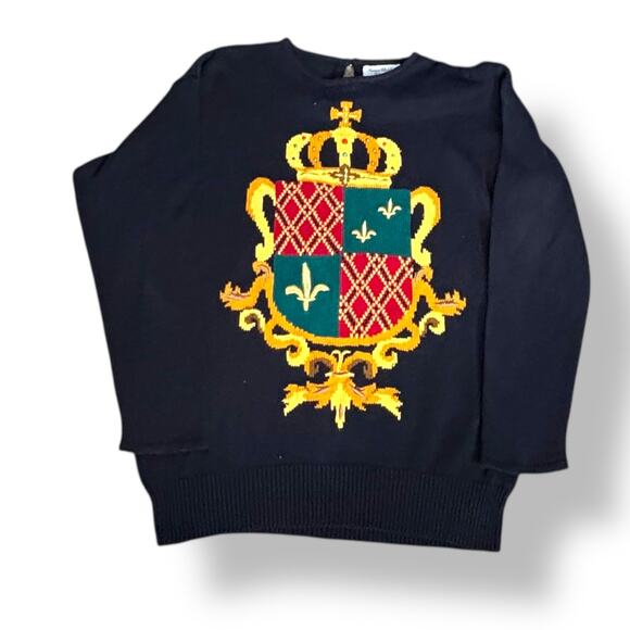 Vintage 90s Marisa Christina Black Knit Crewneck Crest Coat of Arms Sweater - Picture 1 of 13